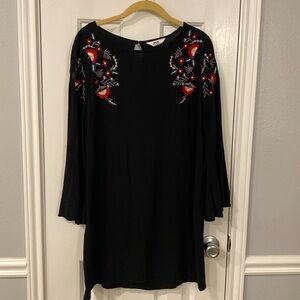 BB Dakota Black Midi Dress with Red & Blue Floral Embroidery